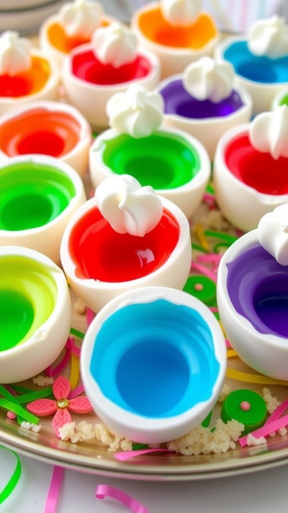 Colorful egg jello shots in various flavors, garnished with whipped cream and sprinkles on a festive platter.